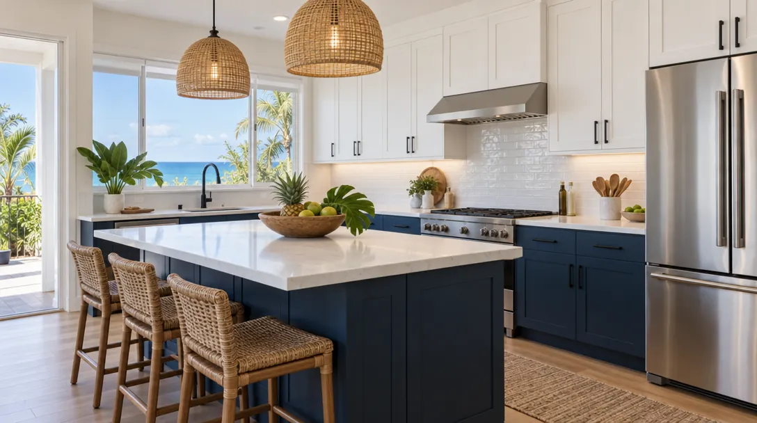 Two-tone navy kitchen cabinet refacing style