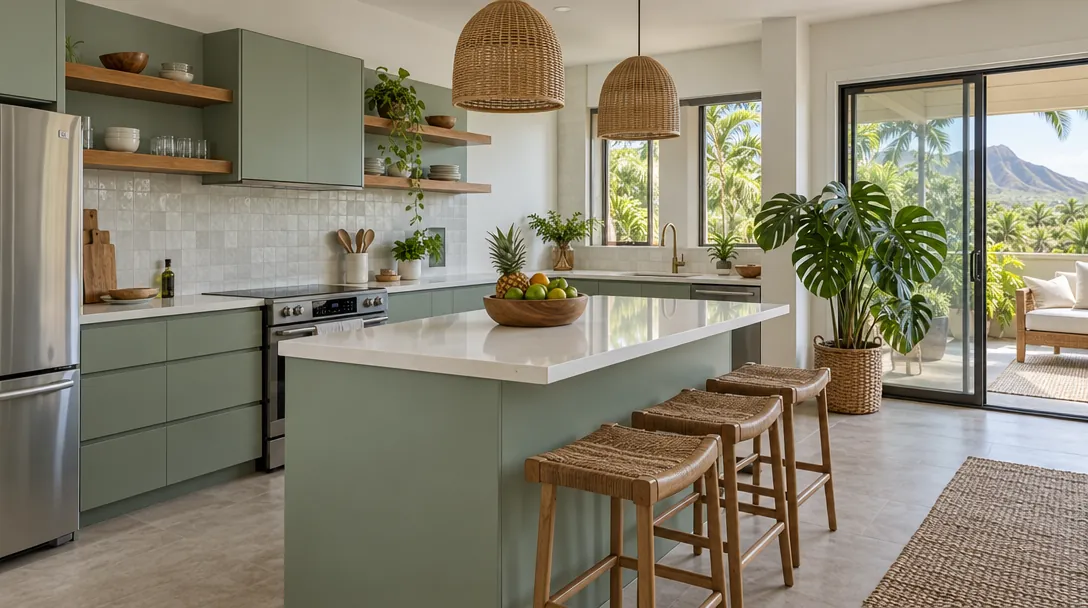 Sage green slab kitchen cabinet refacing style