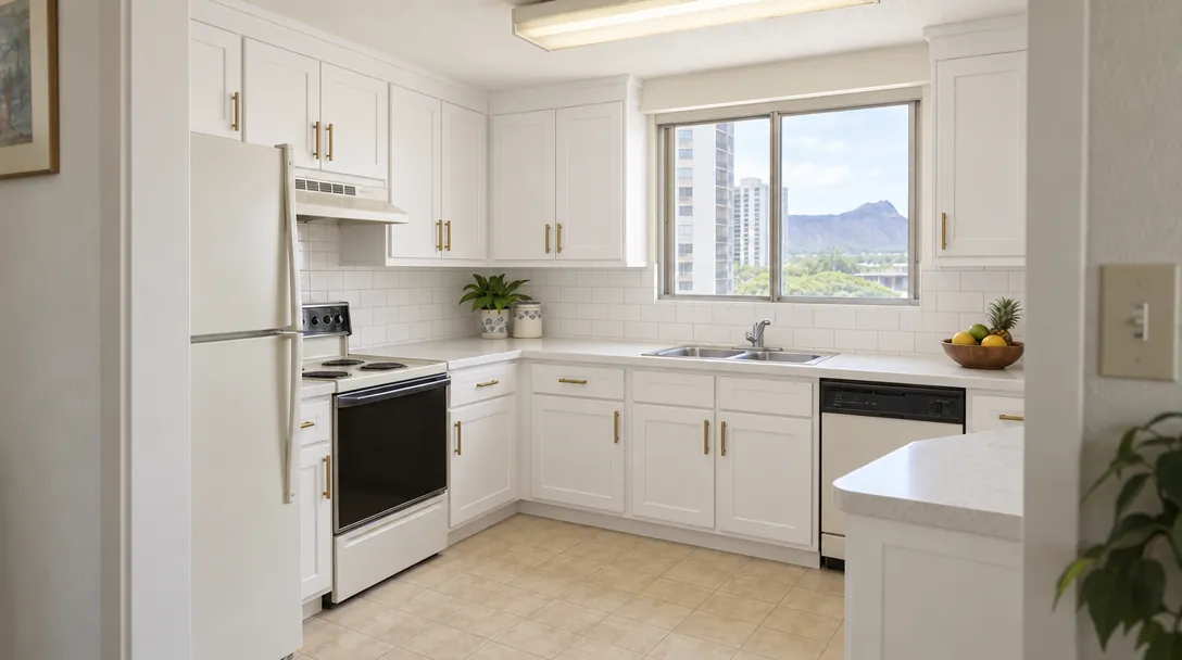 After: the same kitchen with white shaker cabinet doors, brass pulls and white tile backsplash