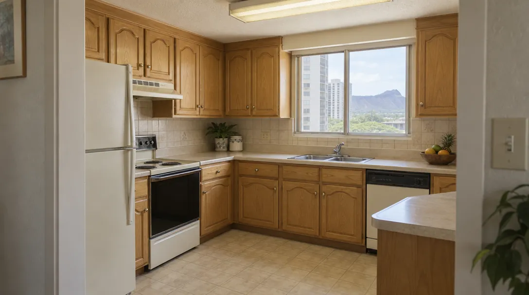 Before: dated honey-oak raised-panel kitchen cabinets