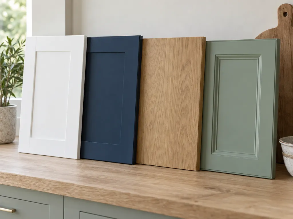 Cabinet door samples: white shaker, navy shaker, oak slab and sage green