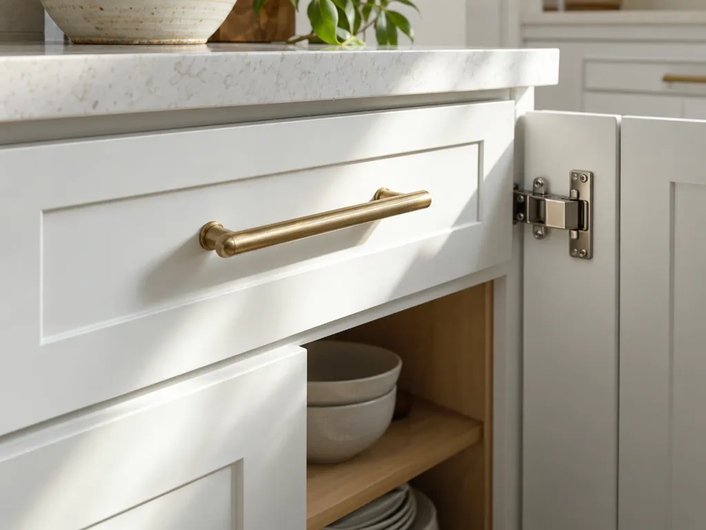 Close-up of brass bar pull on white shaker drawer