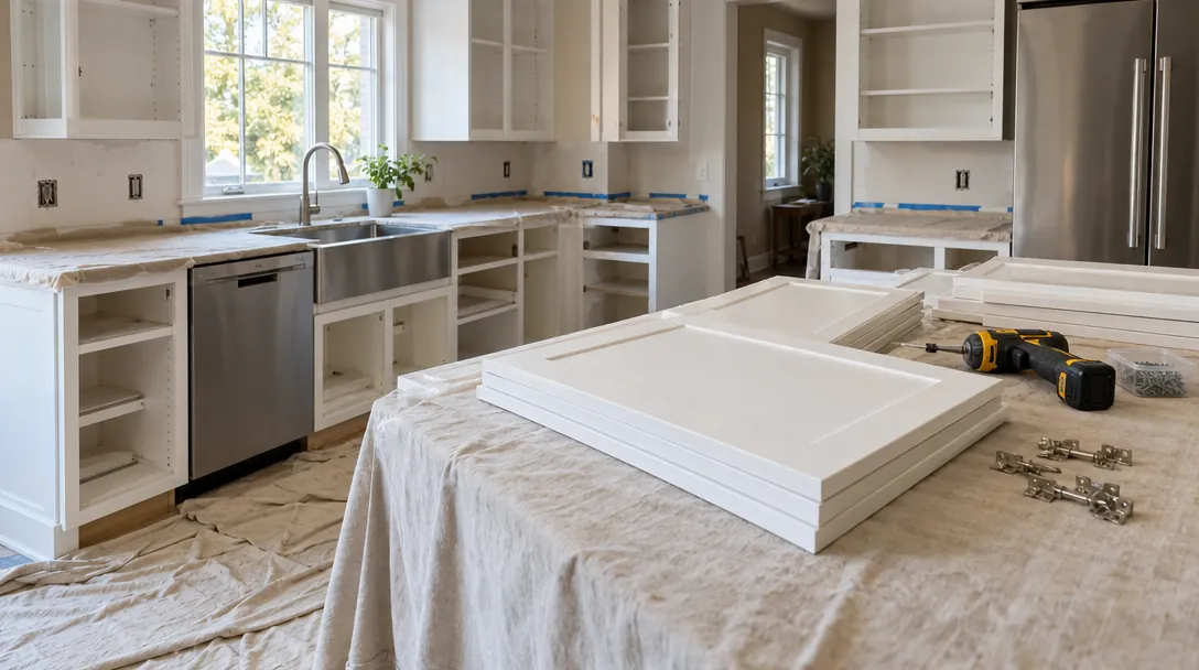 Kitchen mid-refacing with new shaker doors stacked on a protected counter
