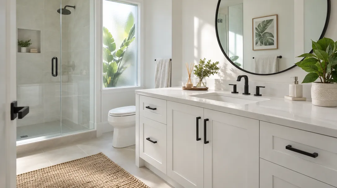 Bathroom vanity refaced with white shaker doors and black pulls